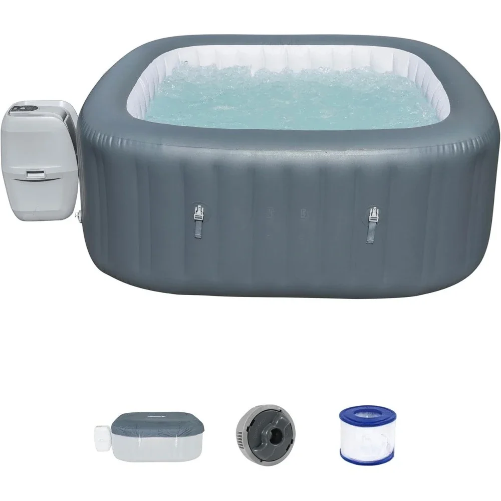 Large Square 4 To 6 Person Inflatable Hot Tub Portable Outdoor Spa with 140 AirJets and Cover, Bathtubs