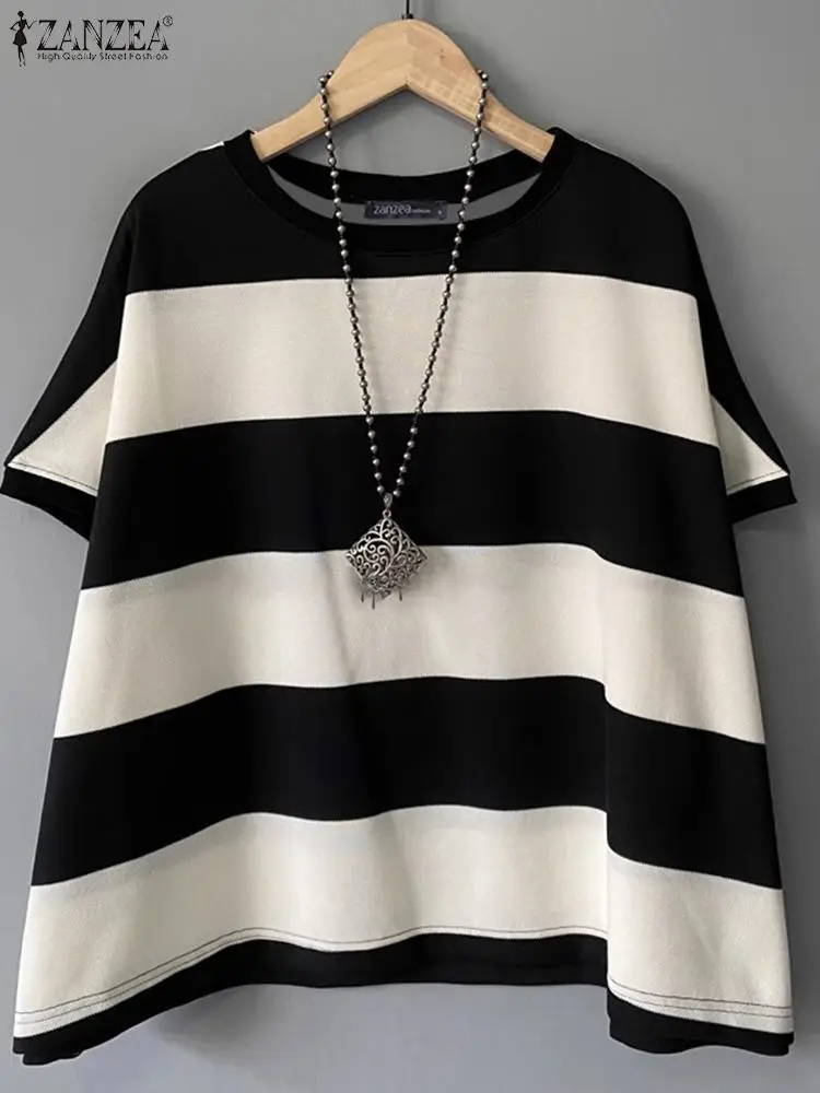 ZANZEA Women Striped T Shirt 2024 Summer Short Sleeve Tees Holiday Fasion O-Neck Patchwork Tunics Casual Loose Tops Oversized