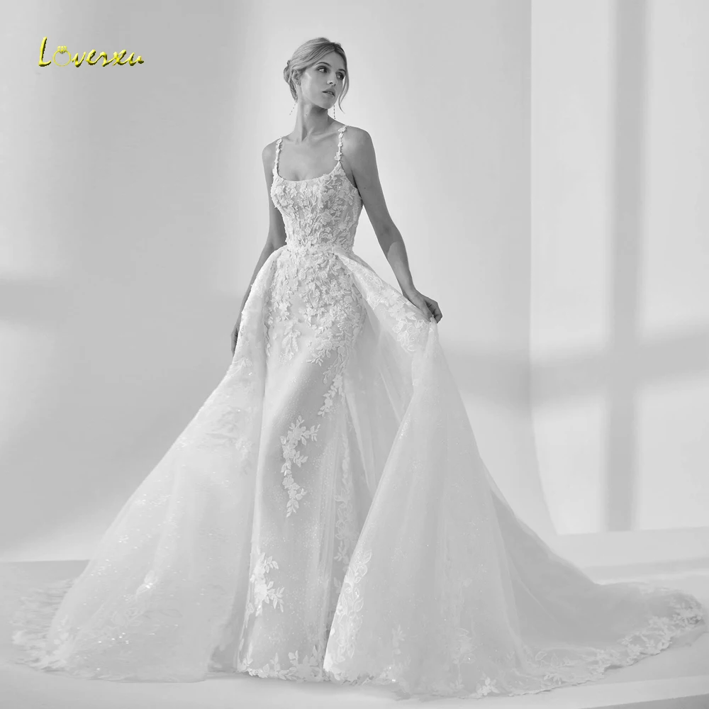 Loverxu Mermaid Sexy Wedding Dresses Spaghetti Straps Vestido De Novia Lace Embroidery Detachable Train Custom Made Bridal Gown