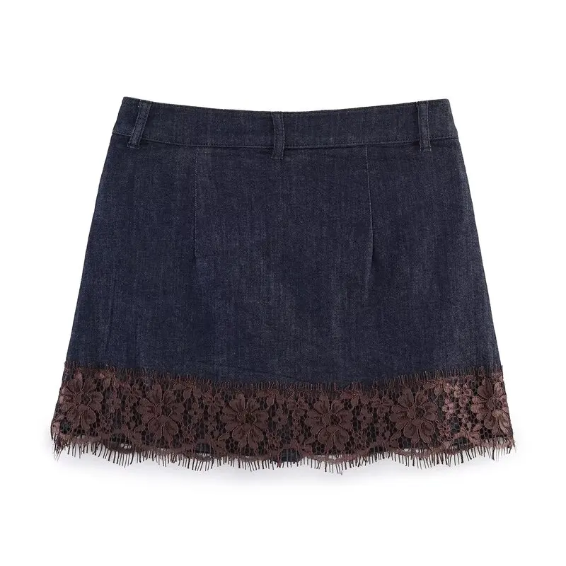 Spring 2026 Women's New Lace Trimmed Color Block Denim Skirt Straight Cut mid Waist Design Sensation Fashionable Ladies Skirts