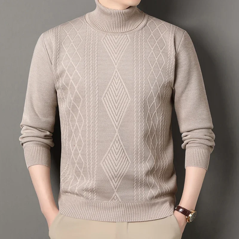 Winter Men's Fleece Warm Turtleneck Sweater Solid Color Geometric Knit Pullovers Men Thick Smart Casual Fashion Knitted Sweaters