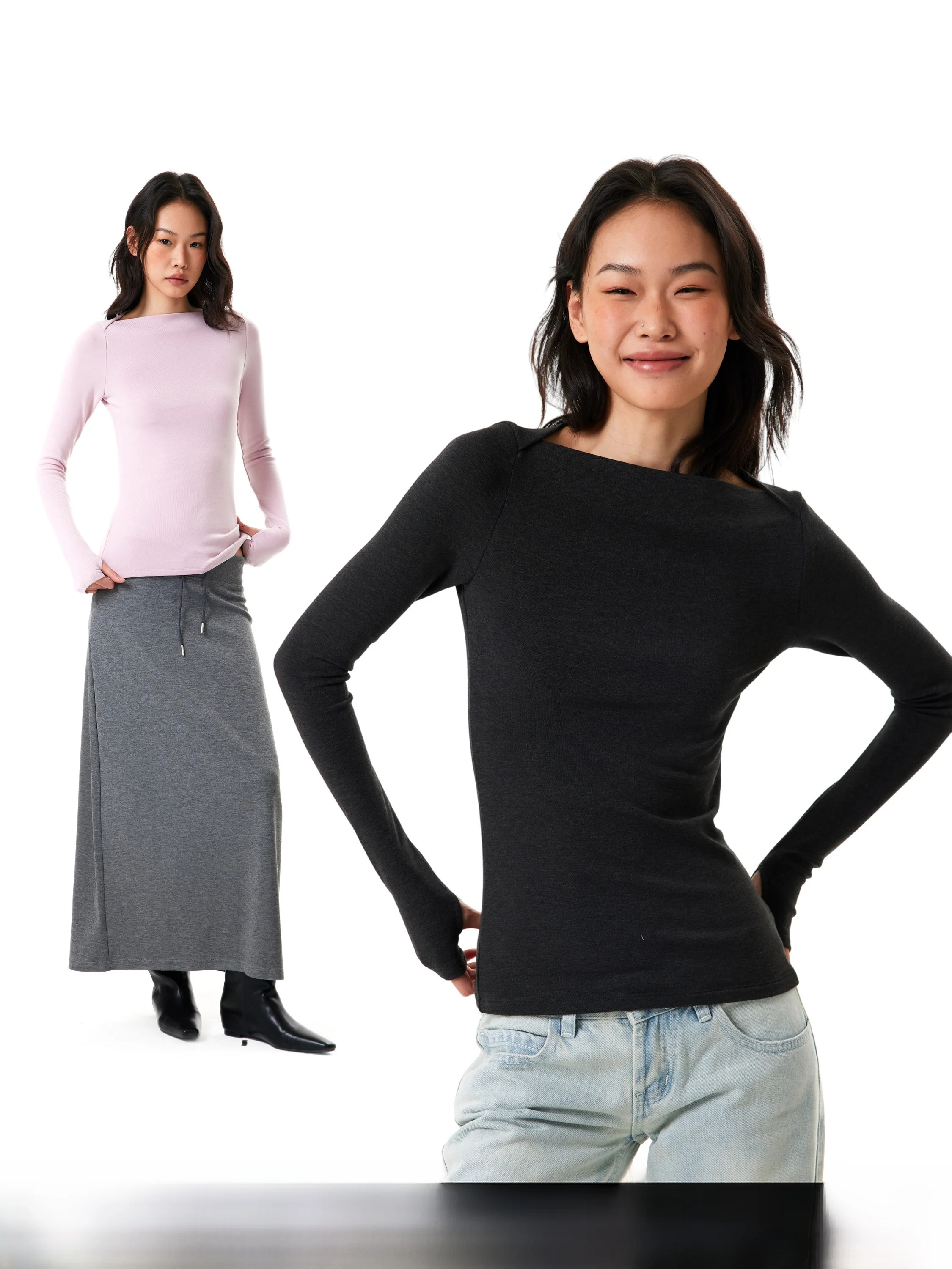 Slim Fit Long Sleeve Crew Neck T-Shirt Women's Casual Style GO GO BURN Brand Black American Style Boat Neck Top