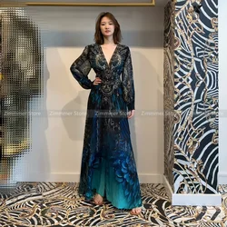 Australian niche noblewoman new V-neck long-sleeved silk vacation style long dresses