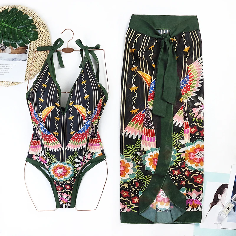 Drukowany Zestaw Bikini Sexy Push Up 2025 Damski Strój Kąpielowy Głęboki Dekolt V Brazylijski Strój Plażowy Jednoczęściowy Kostium Kąpielowy Spódnica Biquini