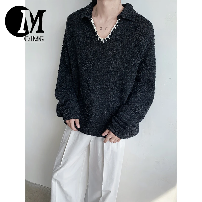 [oimg] Korean Casual Patchwork Contrasting Color V-neck Knitted Sweater With Lazy Style, Luxurious And Versatile My10p98