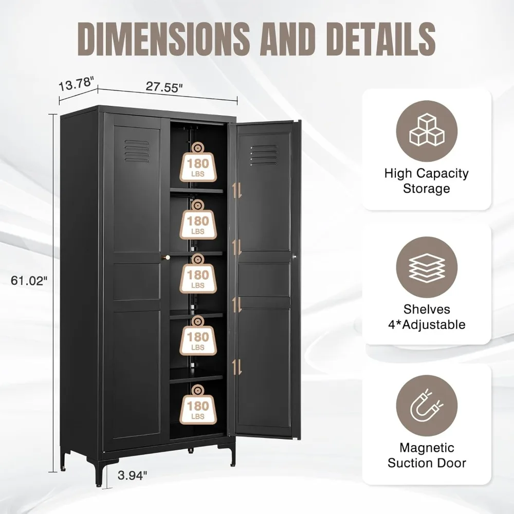 Metal Pantry Cabinet, Tall Kitchen Pantry Storage Cabinet with Doos and Adjustable Shelves - 61