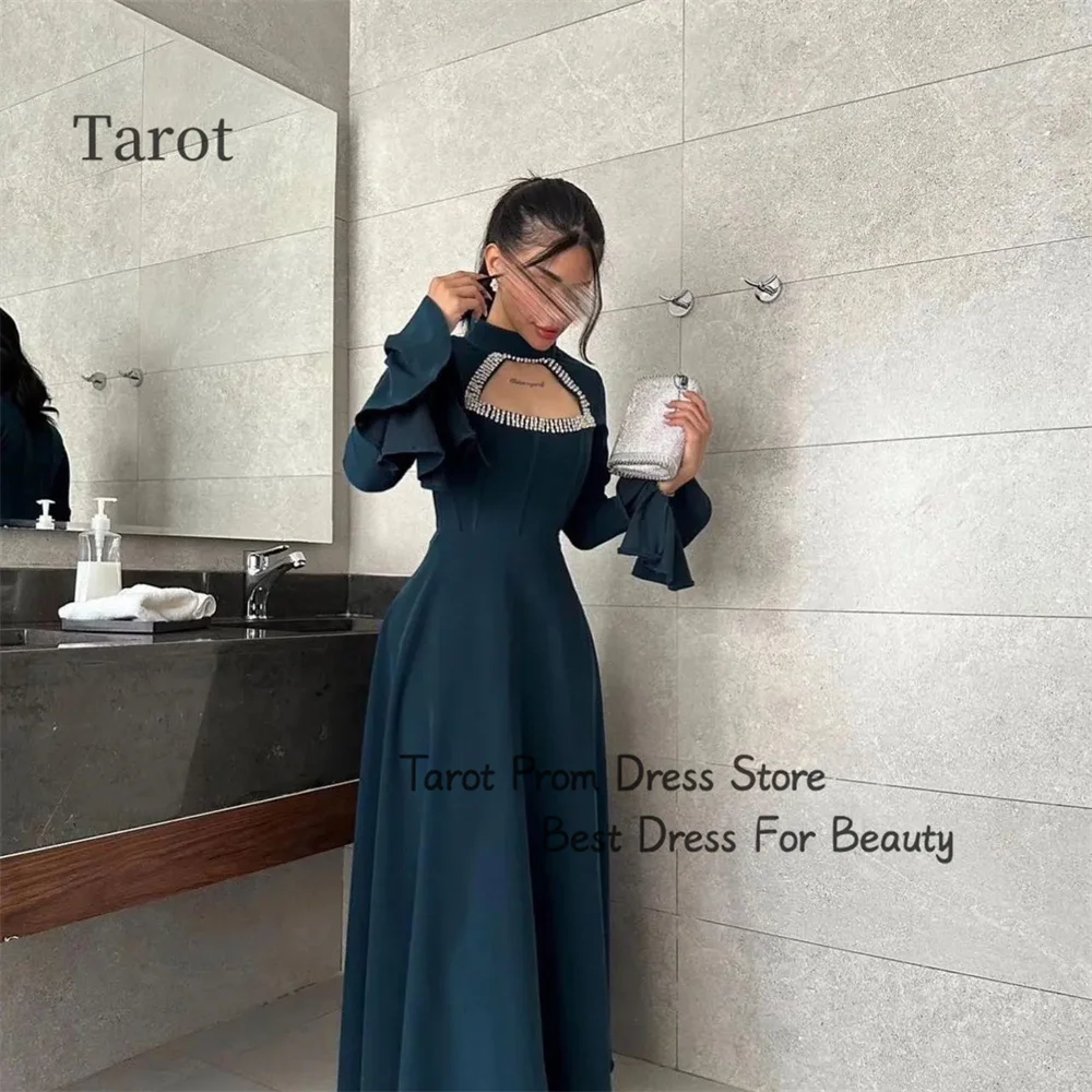 

Tarot Simple High Neckline Beading Saudi Prom Dresses A Line Full Sleeves Evening Dress Pleated Ankle Length فساتين حفلة موسيقية