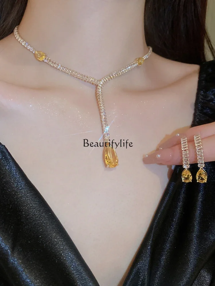 Smoke Citrine Earrings Suit Rhinestone Zircon Water Drop Collarbone Fashion Personality