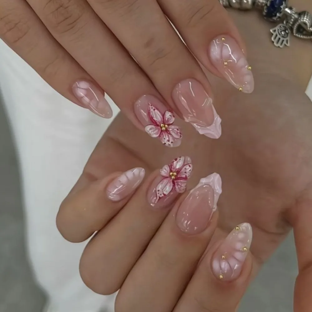 

24pcs nude color three-dimensional flower wearing nail, handmade gold bead nail art, white temperament, niche almond fake nail art