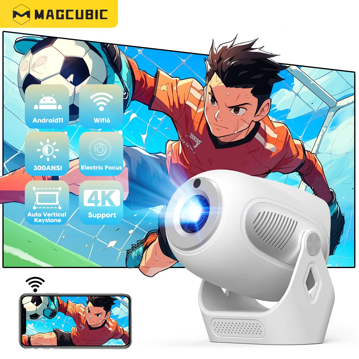 Проектор Magcubic Electric Focus HY300 X 4K HD 300ANSI Allwinner H713 90 °   Гибкий портативный проектор для домашнего кинотеатра BT5.0 на открытом воздухе