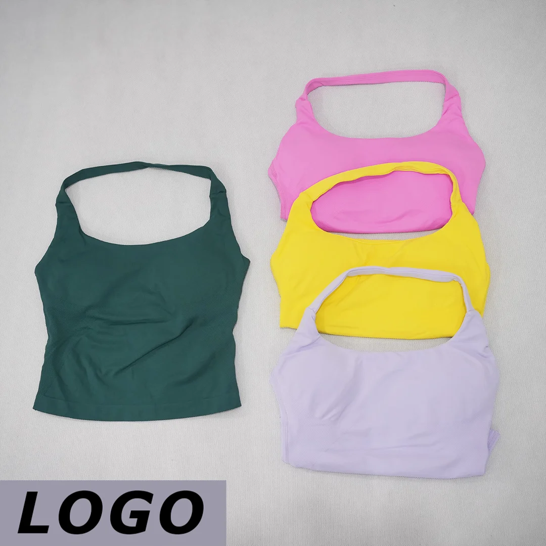 DF Women Seamless Halter Neck Sports Bra Backless Push Up Padded Workout Vest High Stretch For Yoga Running Gym Fitness Active