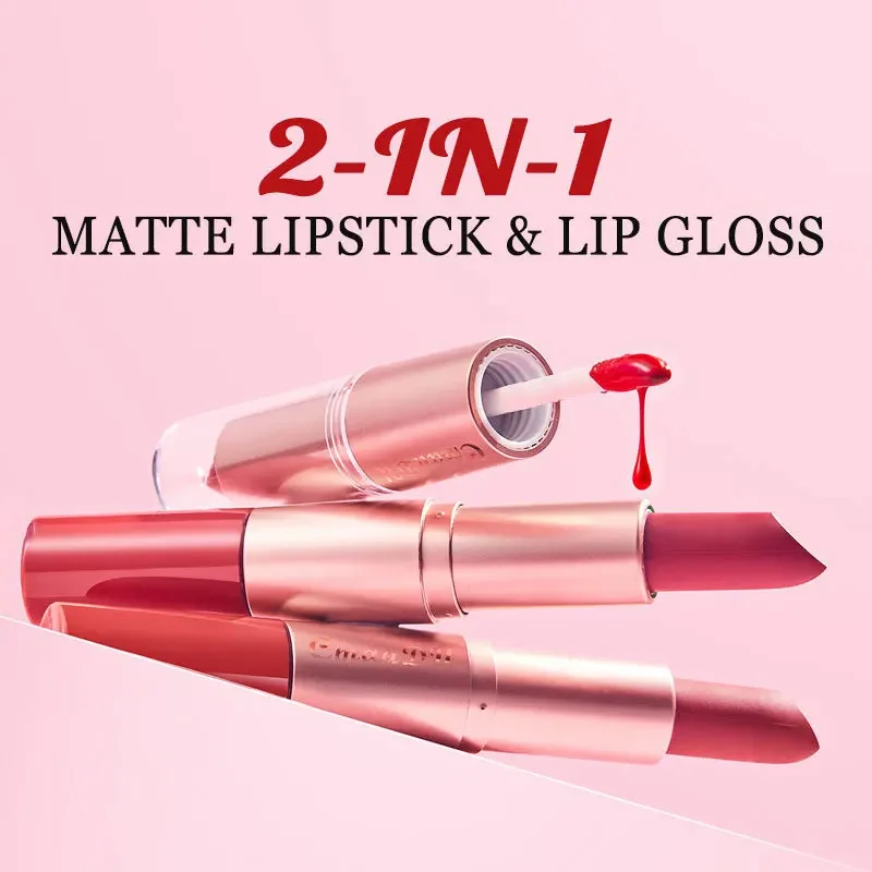 Long Lasting 3-Color Lipstick Lip gloss Set Double Headed Non stick cup Waterproof Korean Cosmetics Makeup Valentine's Day Gifts