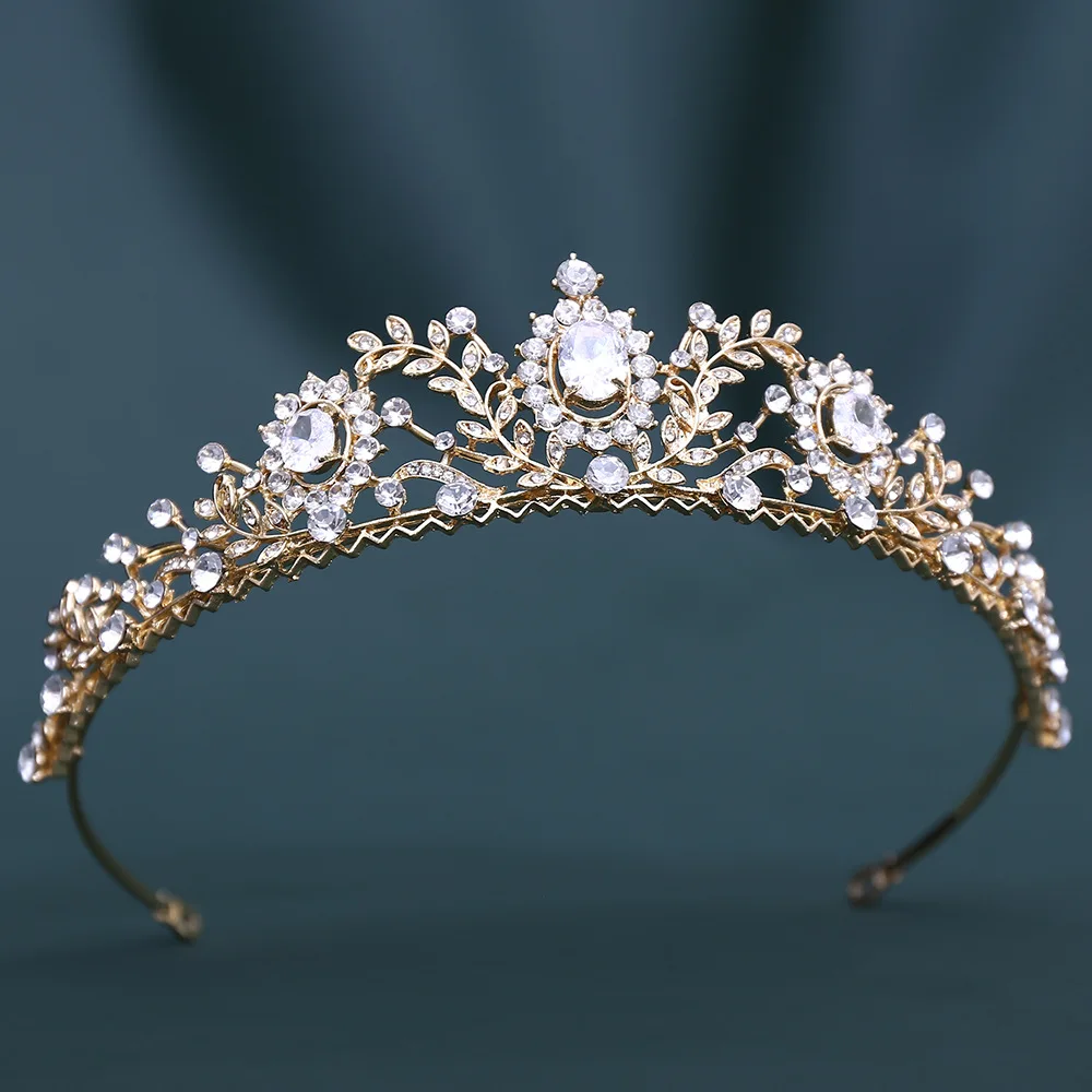 Vintage Leaf Rhinestone Tiara Crown Bridal Headpiece Crystal Princess Headband for Bride Wedding Pageant Party Hair Jewelry