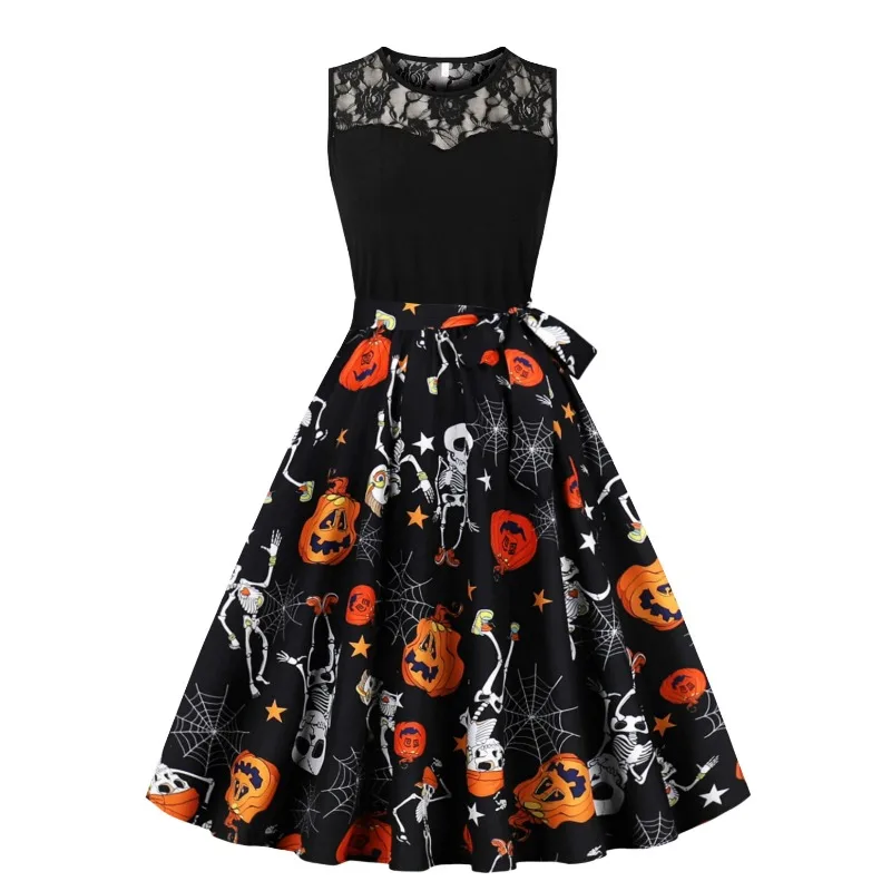 2026 New Halloween Lace Splice Neck Midi Dress Streetwear 50s Black Pumpkin Maple Print A Line Swing Retro Holiday Party Dresses
