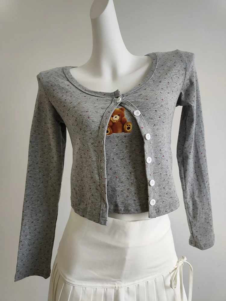 

Cute 2 Piece Tops Women Summer 2025 Floral Bear Print Tee and Crop Tops for Sweet Girls Kawaii Clothes