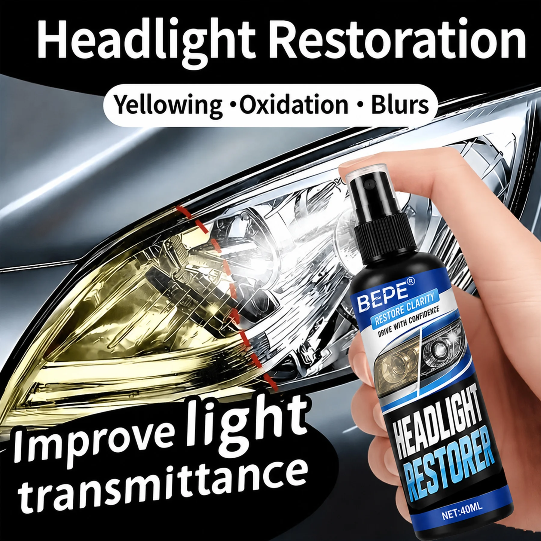 Car Headlight Renewal Spray — Removes yellow oxidation & haze, instantly brightens lights; for front & rear; prevents yellowing.