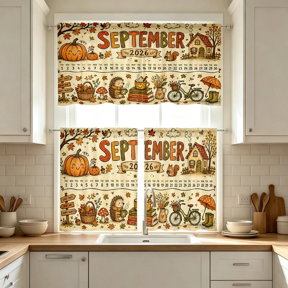 Thanksgiving Fall Kitchen Curtains, Calendar Hedgehog, Digital Print, Kitchen Dining Room, Rod Pocket Polyester, Home Decor