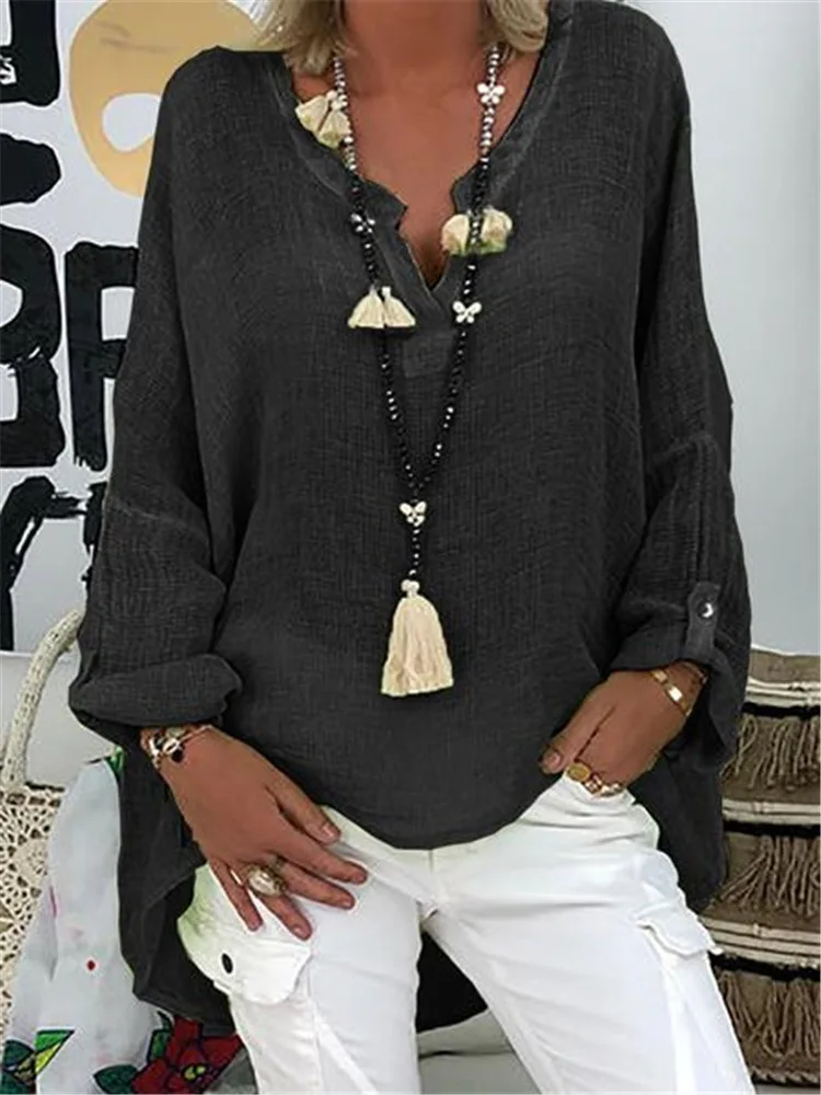 Plus Size Women\'s Summer New V Neck Solid Top Casual Women Linen Shirt Round Neck T-shirt Short Sleeve Tops Loose Blouse