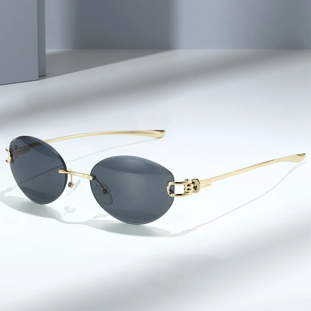 SGGOART Ins Popular Fashion Oval Rimless Sunglasses Women Retro Clear Ocean Green Lens Shades UV400 Men Trending Sun Glasses