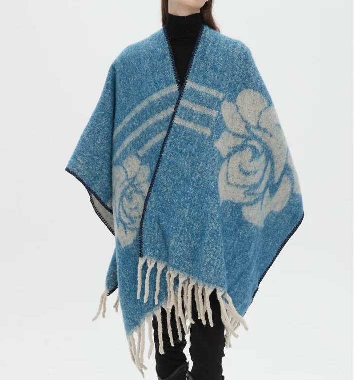 New Arrival Poncho Autumn/Winter Knitted Cape Fluffy Mohair-Like Circle Chiffon Jacquard Flower Shawl Cloak