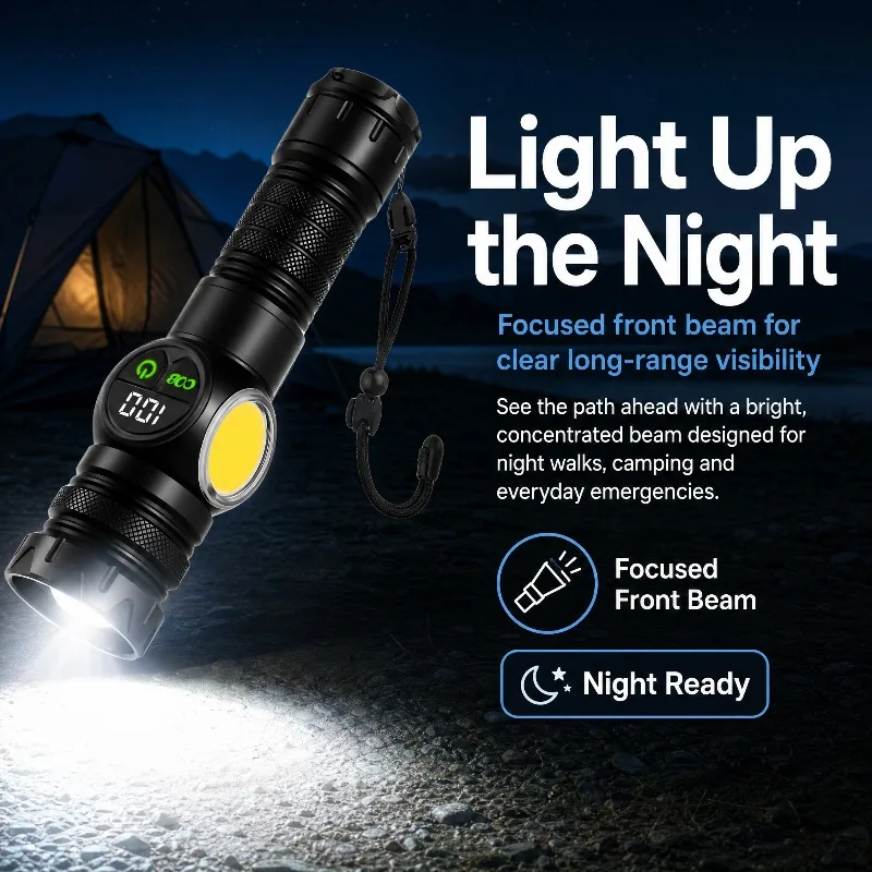 30W High Power LED Flashlight Zoomable Digital Power Indicator COB Side Light Rechargeable Waterproof Outdoor Emergency Torch