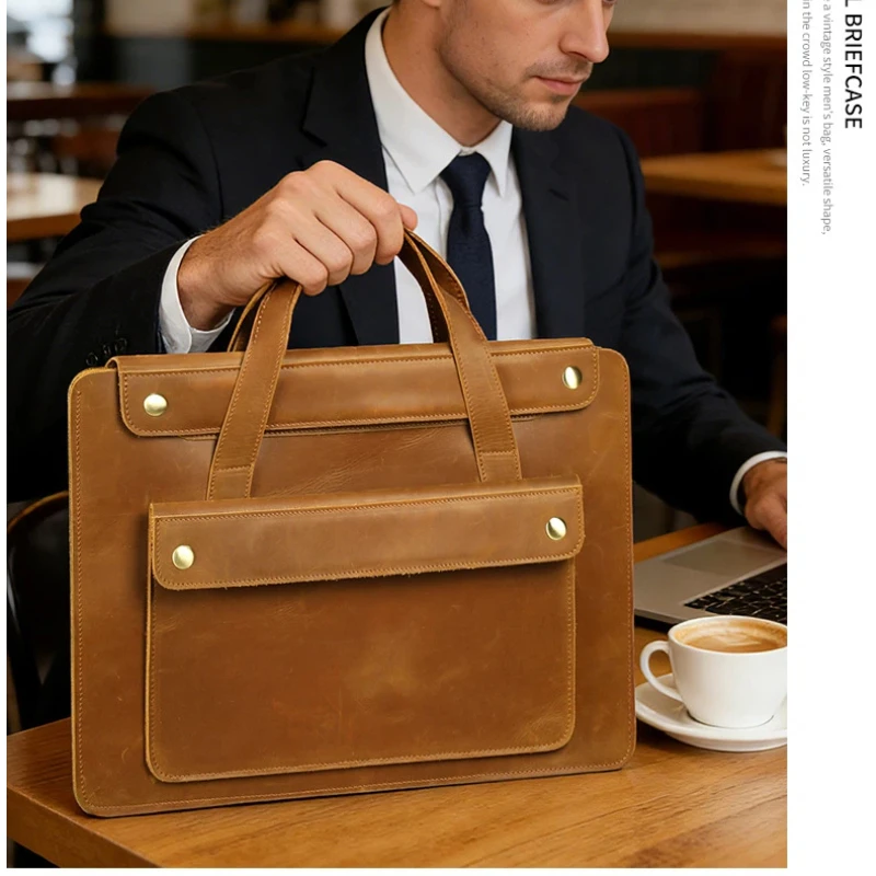 Men's Vintage Crazy Horse Leather Briefcase | Genuine Lawyer Document Bag | Minimalist Business Handheld Satchel for Work