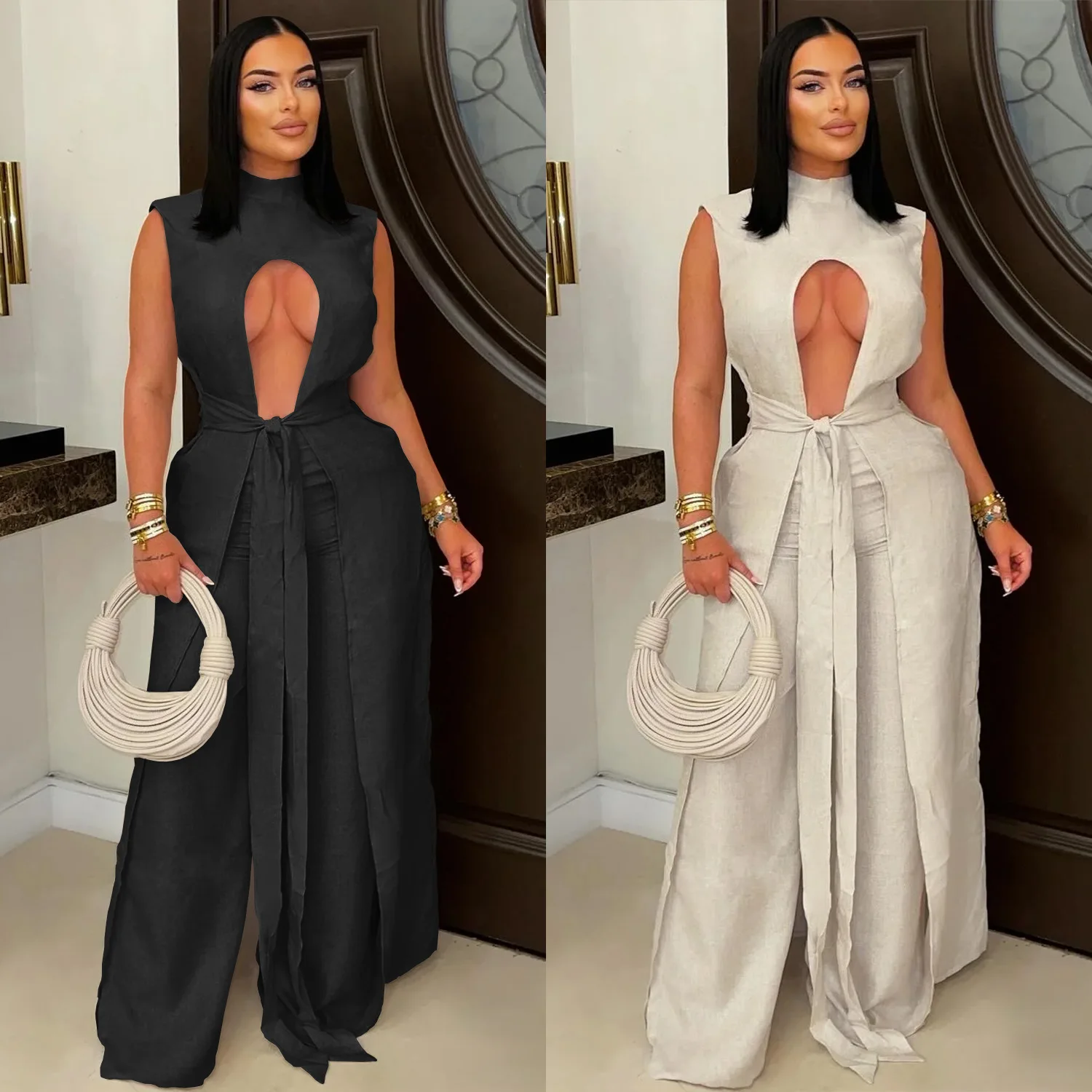 Broek Sets Vrouwen 2-delig Pak Sexy Top Wijde Pijpen Broek Outfits Vrouwelijke Zomer Streetwear Lace Up Tops Vloerlengte Ensemble