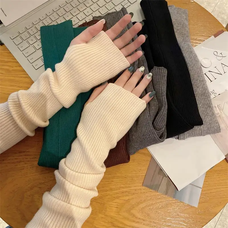 

Winter Arm Sleeves For Women Thicken Warm Knitted Arm Warmers Solid Color Long Sleeve Half-finger Glove Gothic Fingerless Mitten