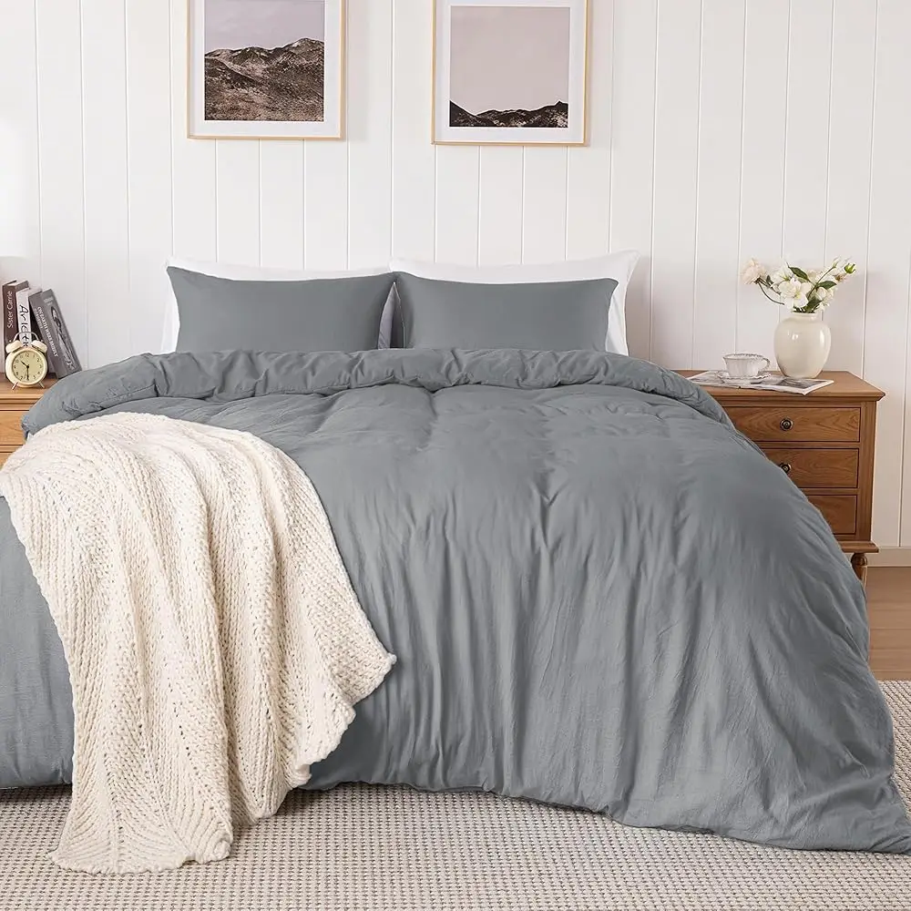 

Серый супермягкий комплект постельного белья Queen Size из 3 предметов: пододеяльник из предварительно выстиранного микроволокна, имитирующего хлопок, дышащий, с бортиками