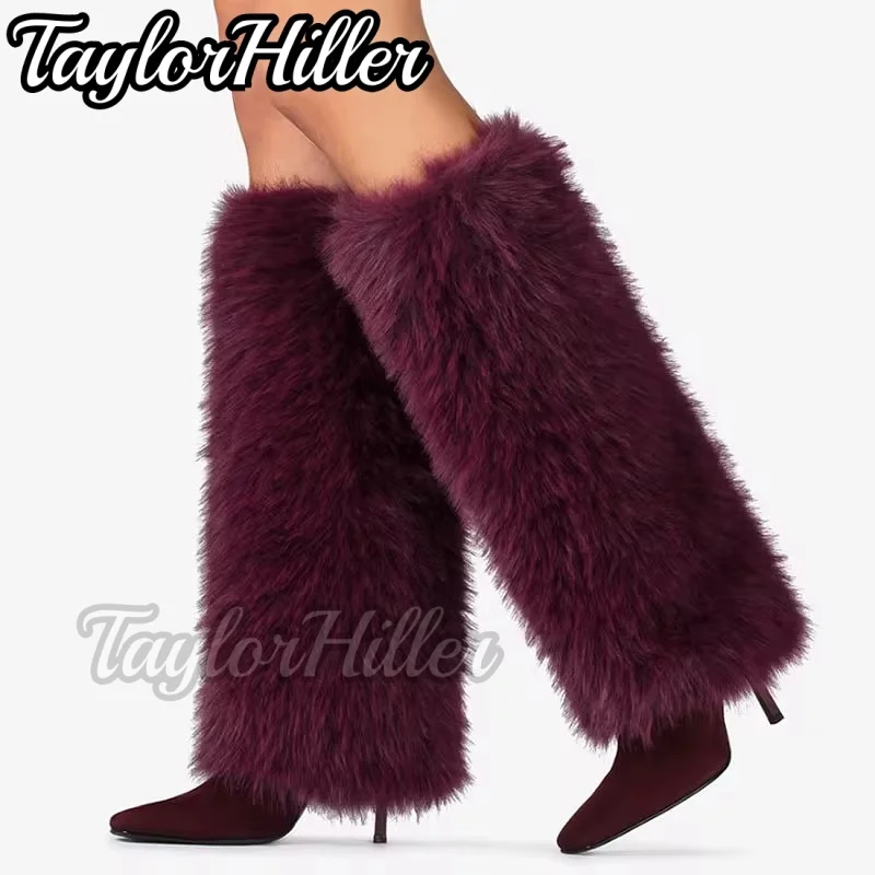

Burgundy Red Furry Fur Boots Black Warm Thin High Heels Women Solid Autumn Winter Designer Stiletto Shoes Female Catwalk Botas