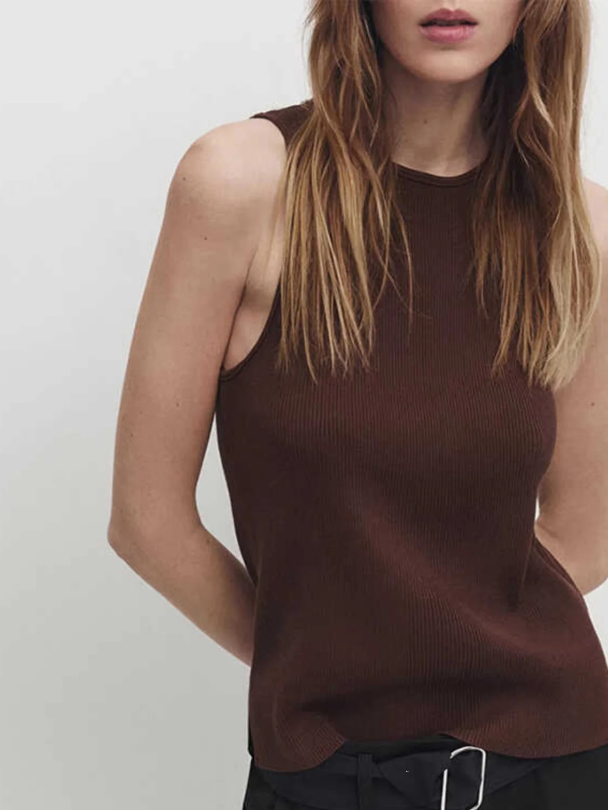 

MD Women's Brown Knitted Svel Vest Casual Summer New Arrival Vintage American Sle Knit T-irt Regular Length C...