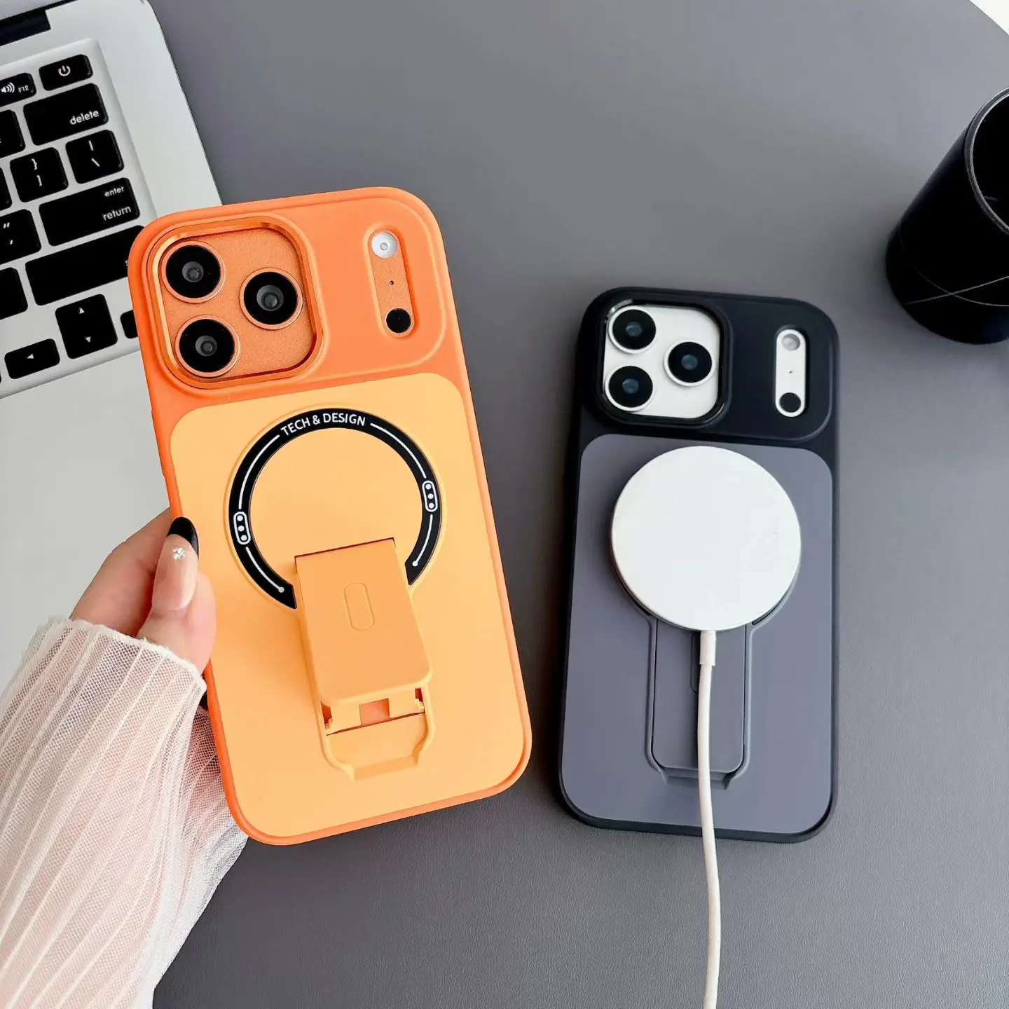 Luxuriöse Handyhülle mit Halterung für iPhone 17 Pro Max 12 13 14 15 16 Pro, iP 17 Air, Farbige Kabellose Ladefunktion, Stoßfeste Rückseiten-Schutzhülle