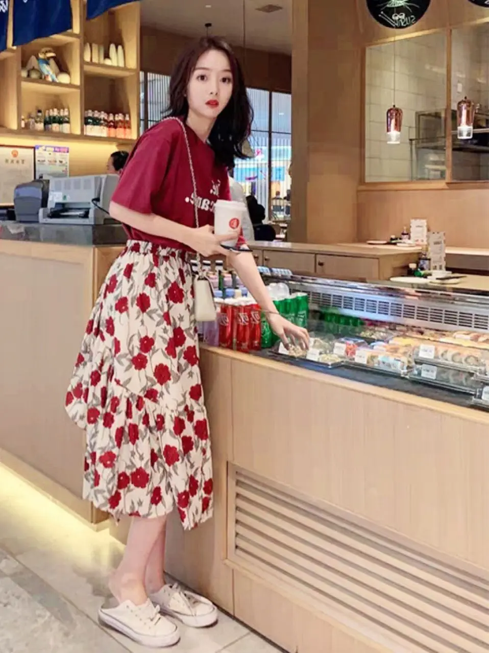 

Spring Summer Floral Print Dress Set Women's Korean Style High Waist Loose Fit Casual Polyester Fiber Mid-Length A-Line Skirt