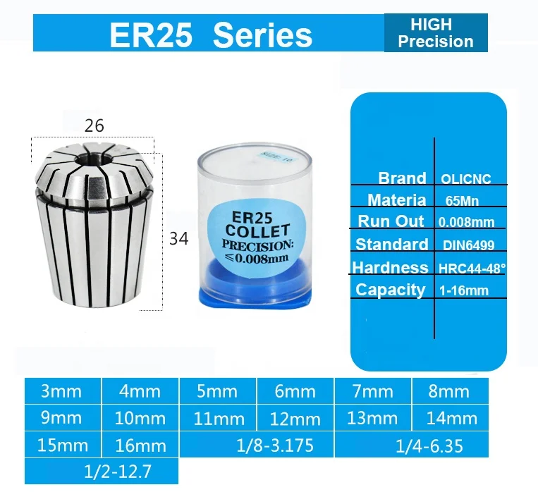 High Precision ER25 15pcs ER Collet Set CNC Tool Handle Clamp Spring Elastic Clamp 0.008mm Er25 Collet