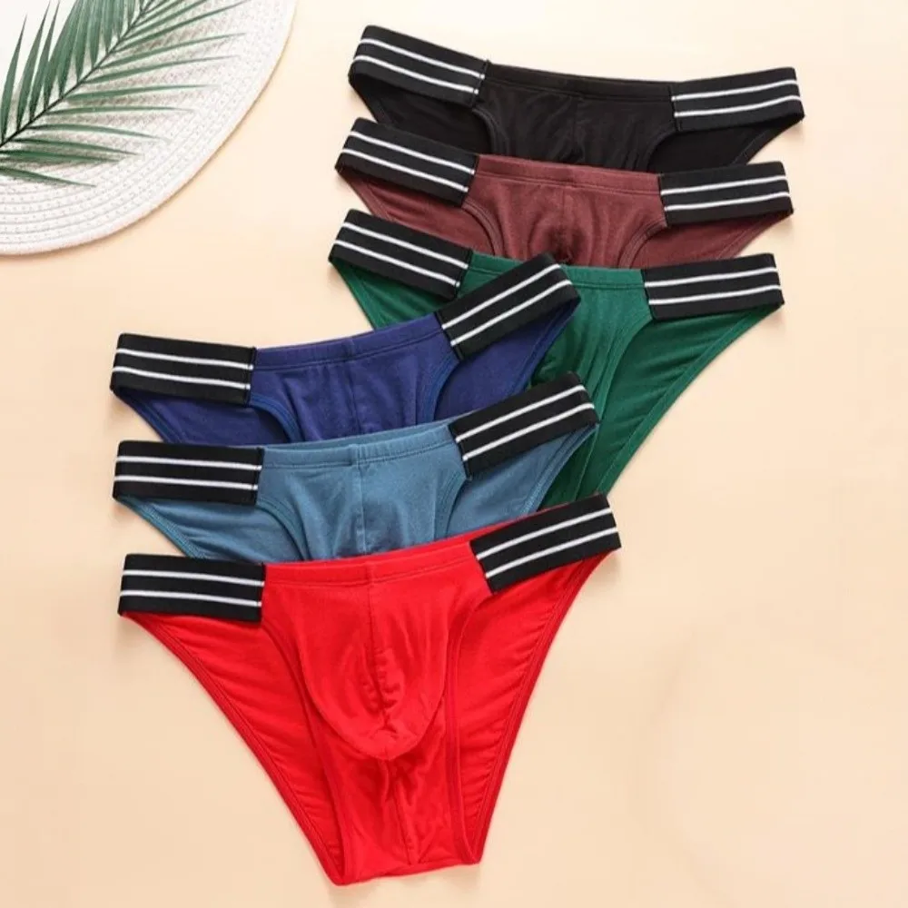 Soft Comfortable Lingerie Men's Triangle Panties Stripe Mid Waist Men Thin Briefs Large Size Breathable Underwear for Men Male