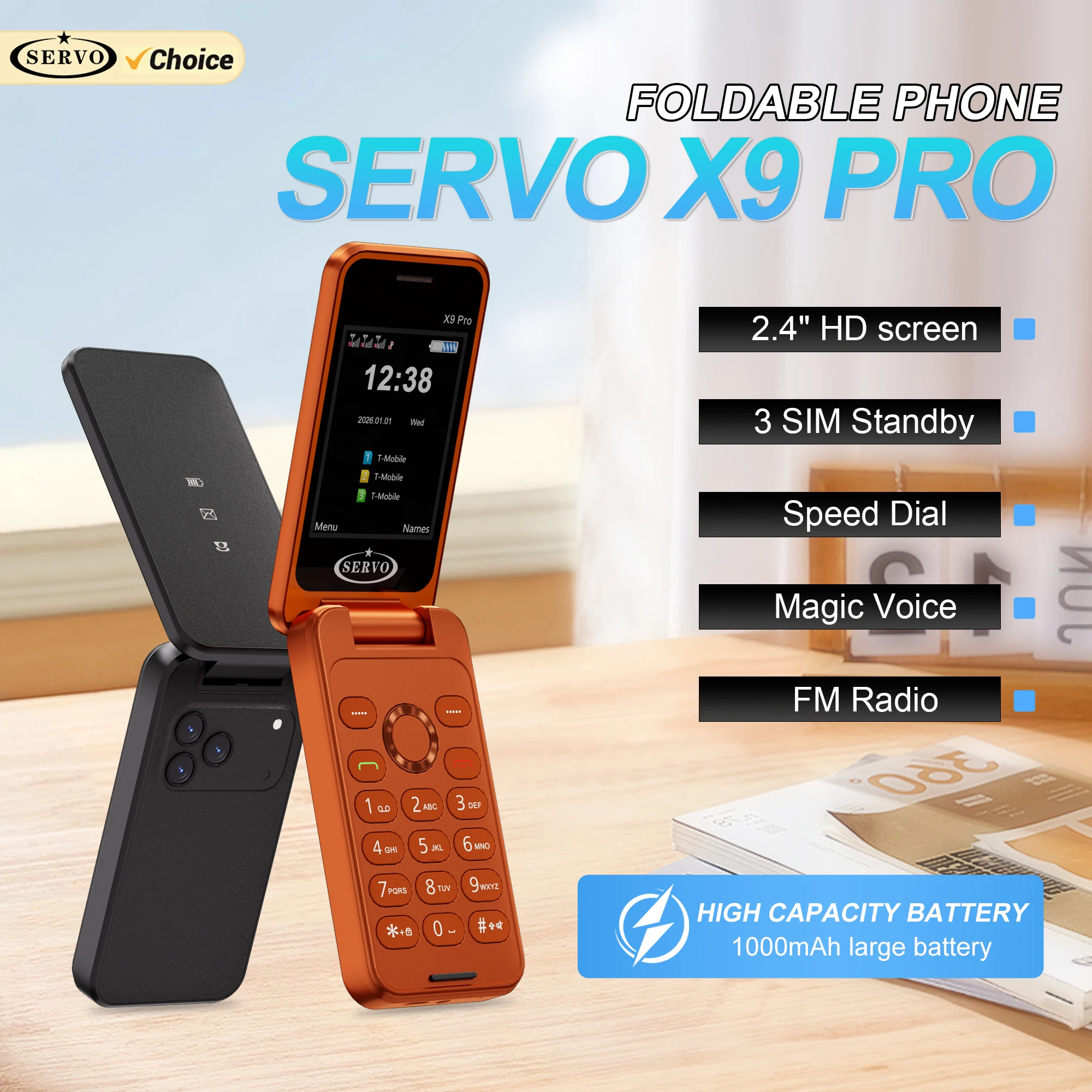 NEW SERVO X9 PRO Flip Mobile Phone 3 SIM Standby Blacklist Magic Voice Speed Dial MP4 Player FM Radio 2G GSM Foldable Cellphones