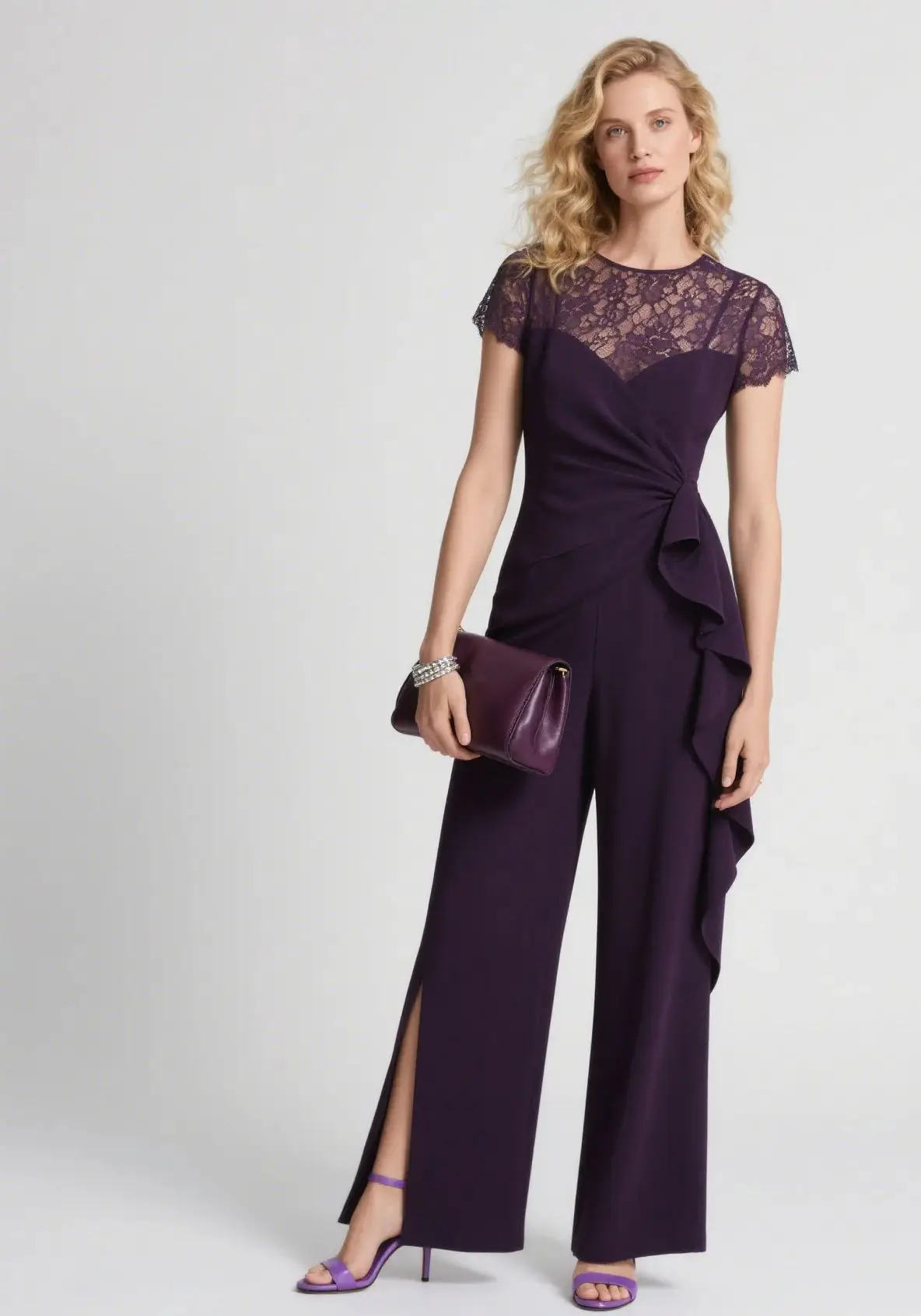 

Elegant Jumpsuits Formal Evening Gown Lace Ankle Length Short Sleeves Ruffles Jewel Neck Wedding Guest Gown 2025 free customized