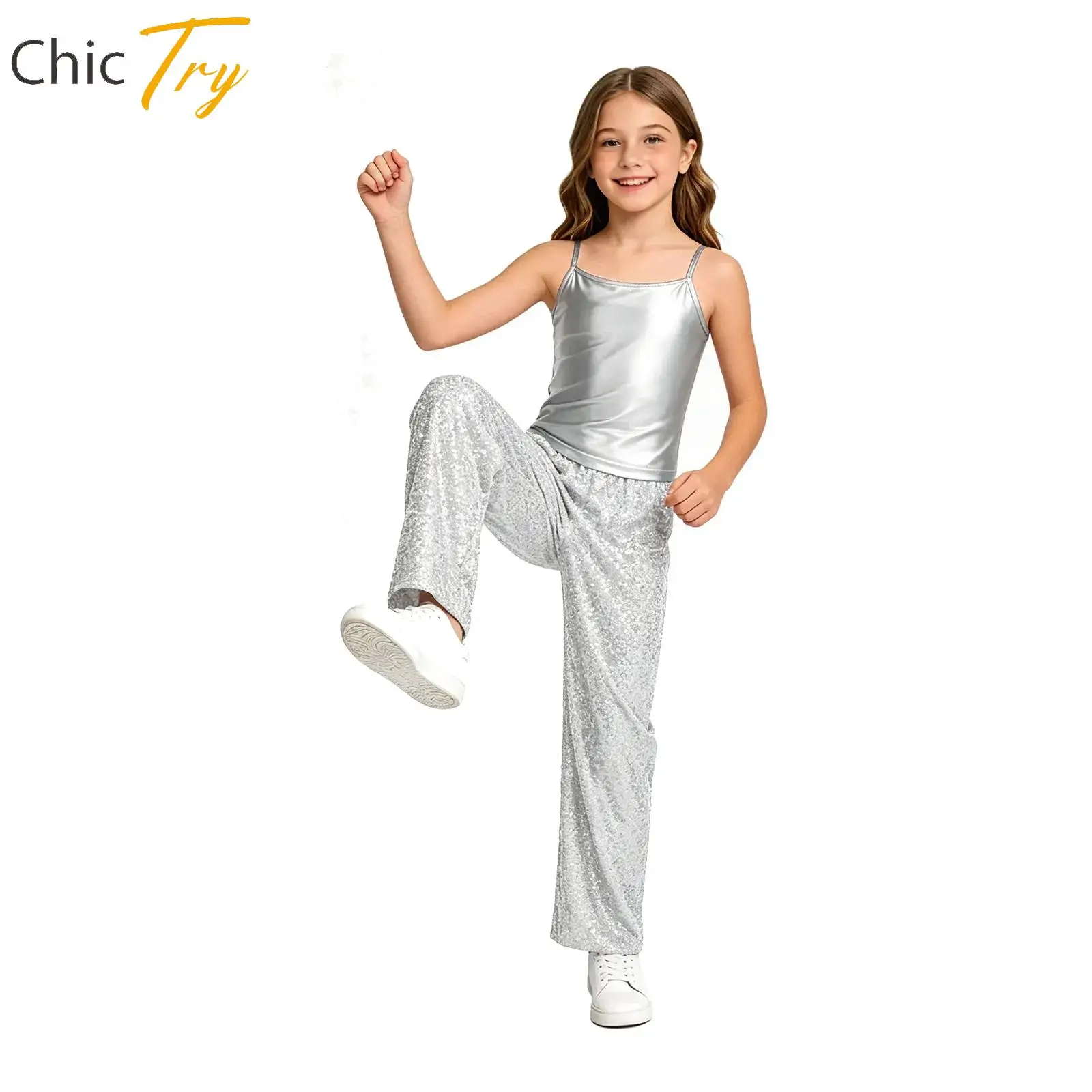 子供女の子ジャズヒップホップストリートダンス衣装ノースリーブメタリックキャミソール-パンツ70年代ディスコ学校パーティーステージショーダンスウェア