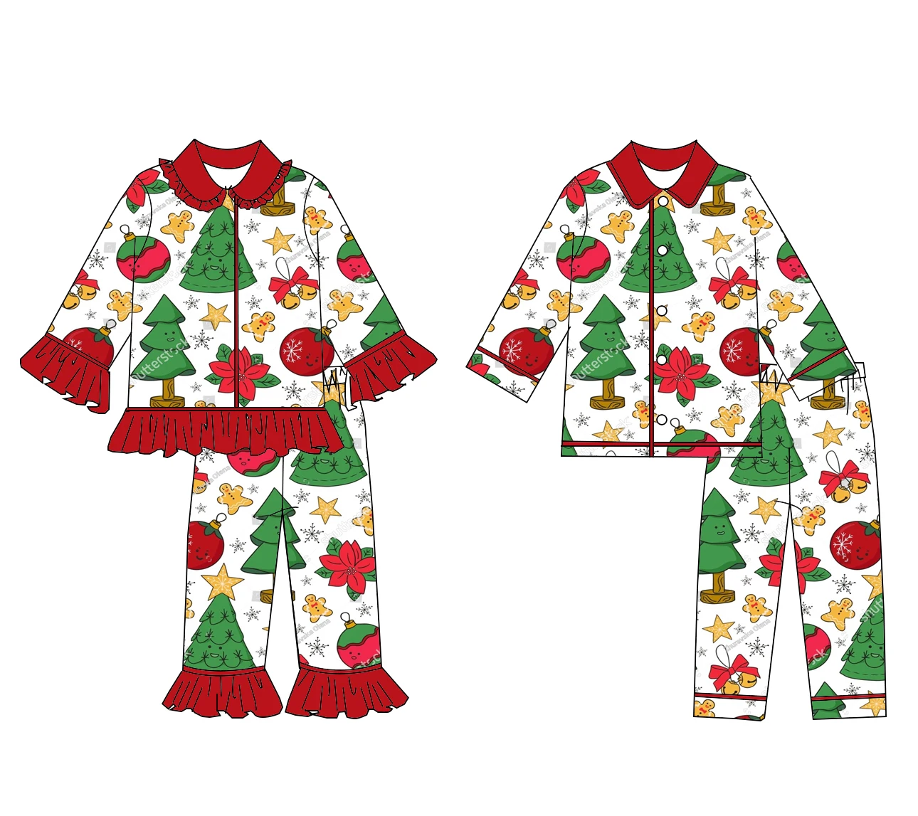 

Оптовая продажа, рождественские детские пижамы, пижамный комплект с рюшами для девочек, пижамы с длинными рукавами для мальчиков, рождественская елка, ткань, детская одежда для сна