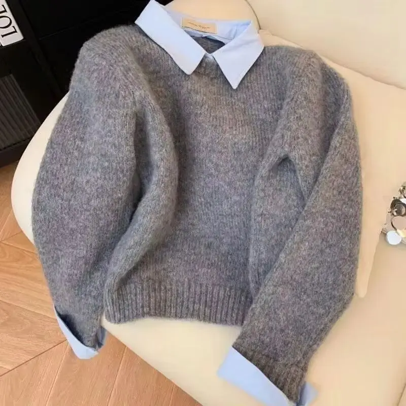 

New Fake Two Shirts Collar Womens Autumn Contrast Color Gray Knitted Sweater Pullover Warm Knitwear Female Tops
