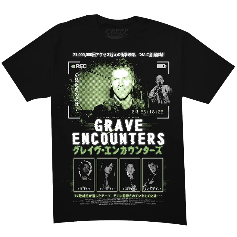 Japanese Caption Paranormal Record Print Tee, Stands Out Among Regular Dark Graphic Tees with Its Unique Frame Layout