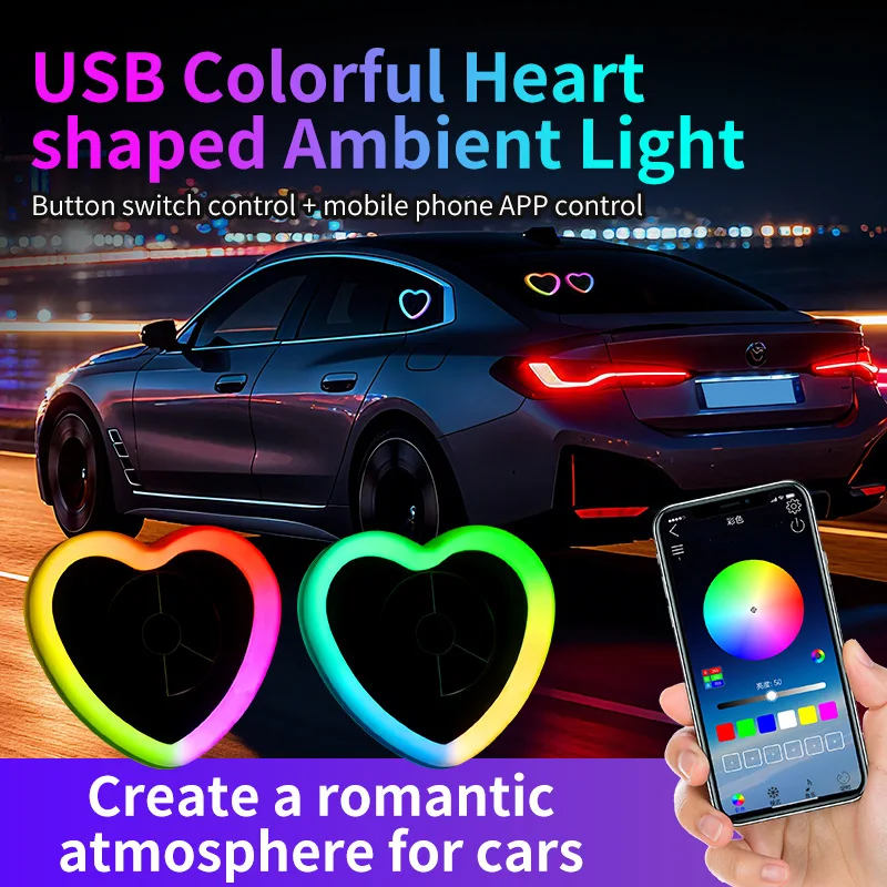 Car Triangle Window Heart Light Color Changing APP USB Interface No Installation Required Decorative Atmosphere Light Heart Shap