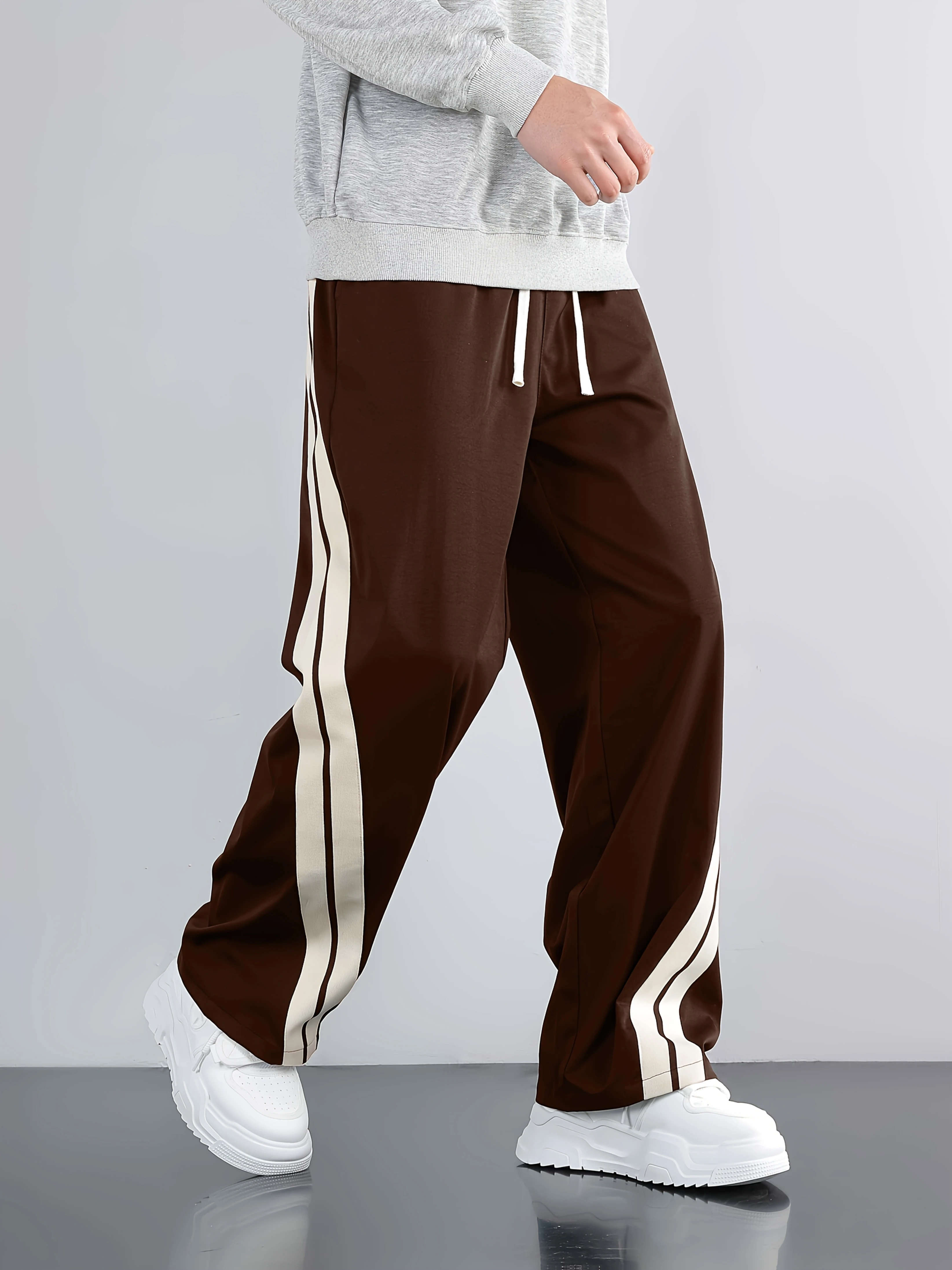 2026 Men Black Track Pants, Beige Double Side Stripes Drawstring Elastic Waist Loose Lightweight Casual Streetwear Trousers Kids