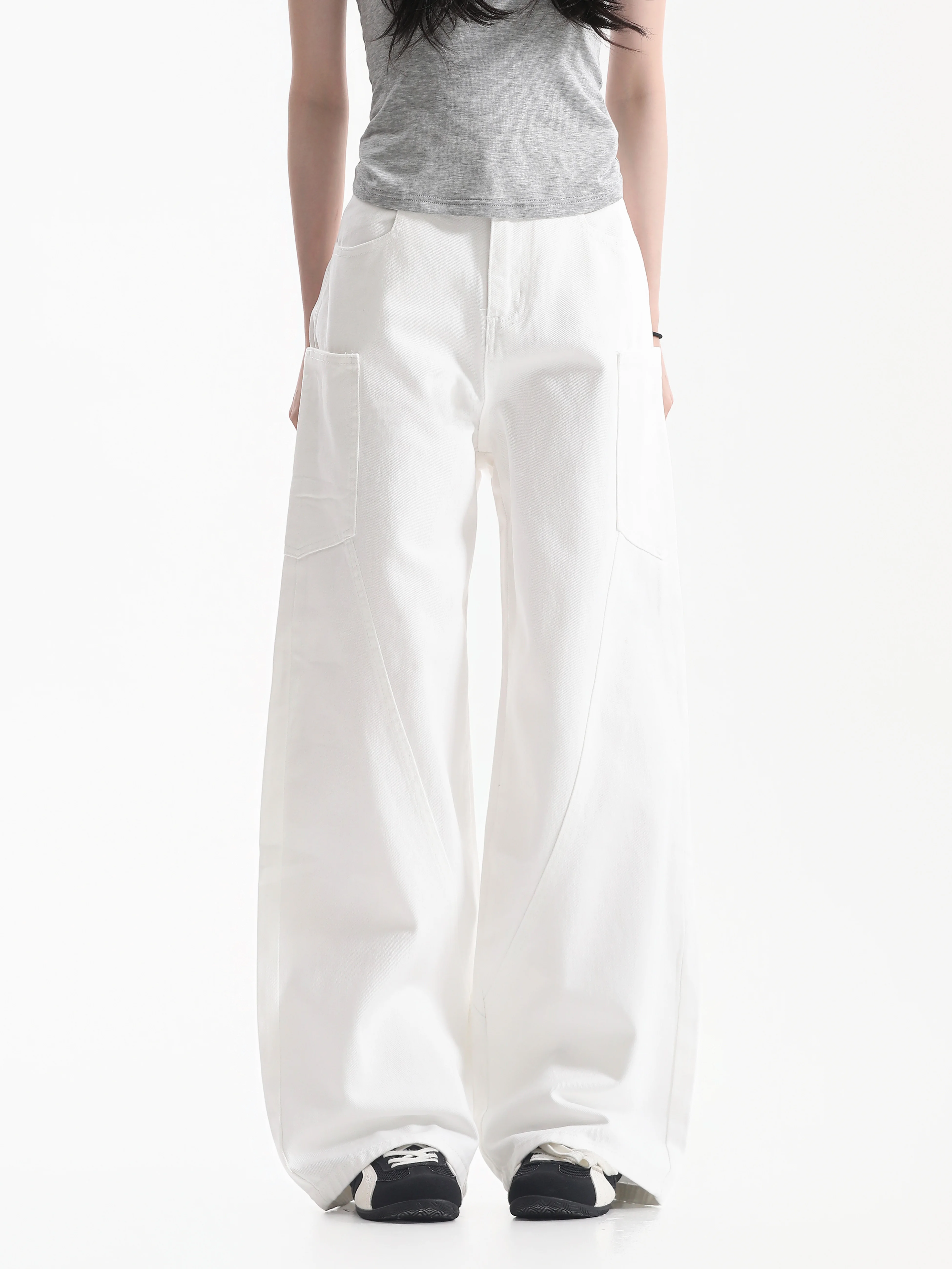 Early Autumn Korean Style Lazy Multi-Pocket White Work Pants Women's Neutral Wide Leg Pants Drapey Comfortable Cotton Jeans
