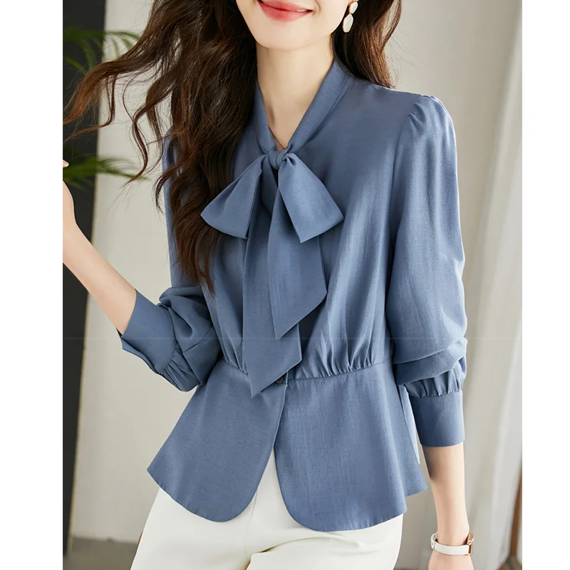 

Elegant Solid Color Spliced Lace Up Bow Shirt Women's Clothing 2023 Autumn New Casual Tops Commute Blouses