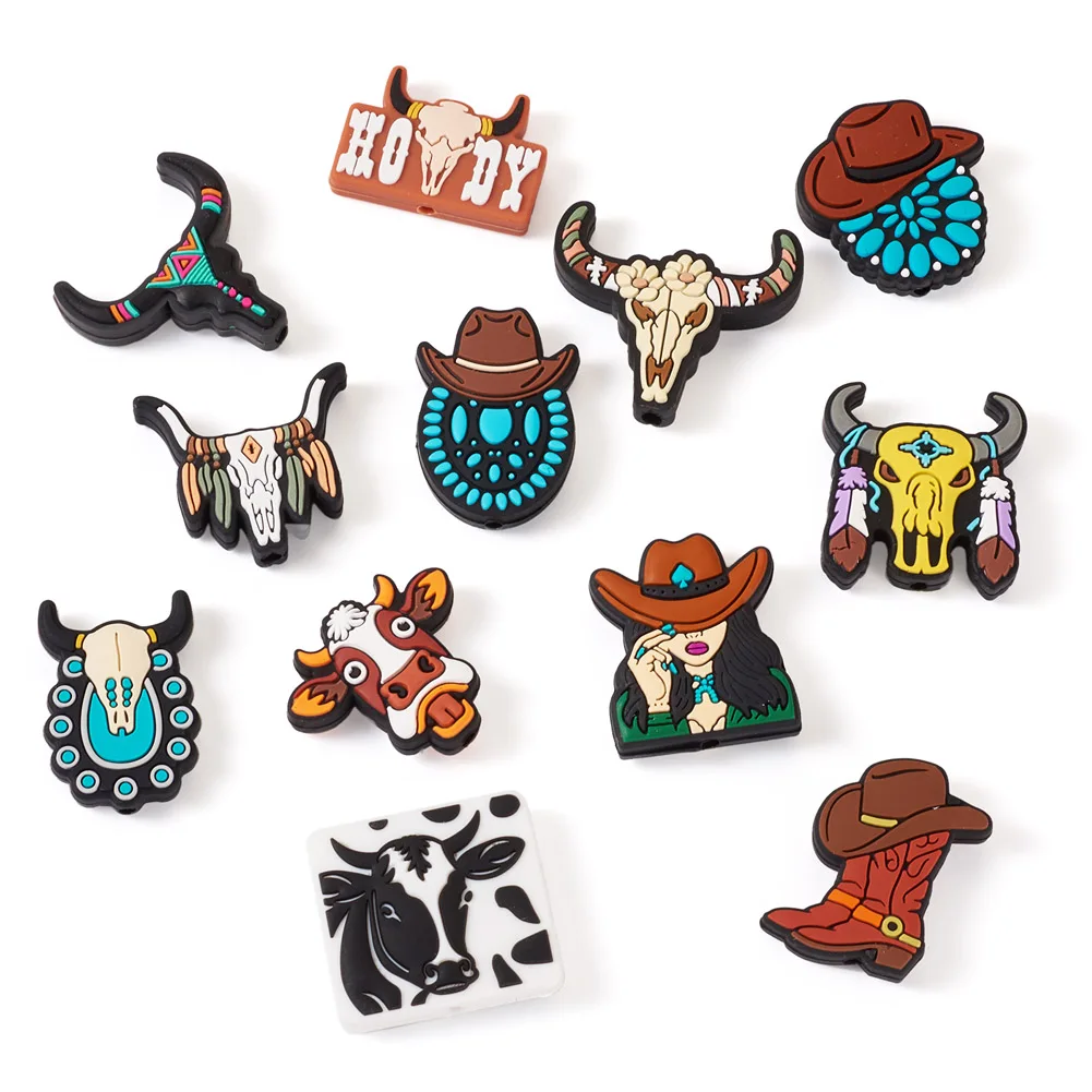 

Cowboy Theme Silicone Beads Cattle Head Cowboy Hat Bullfight Boots Beading Keychain Focal Beadable Pen DIY Jewelry Craft Making