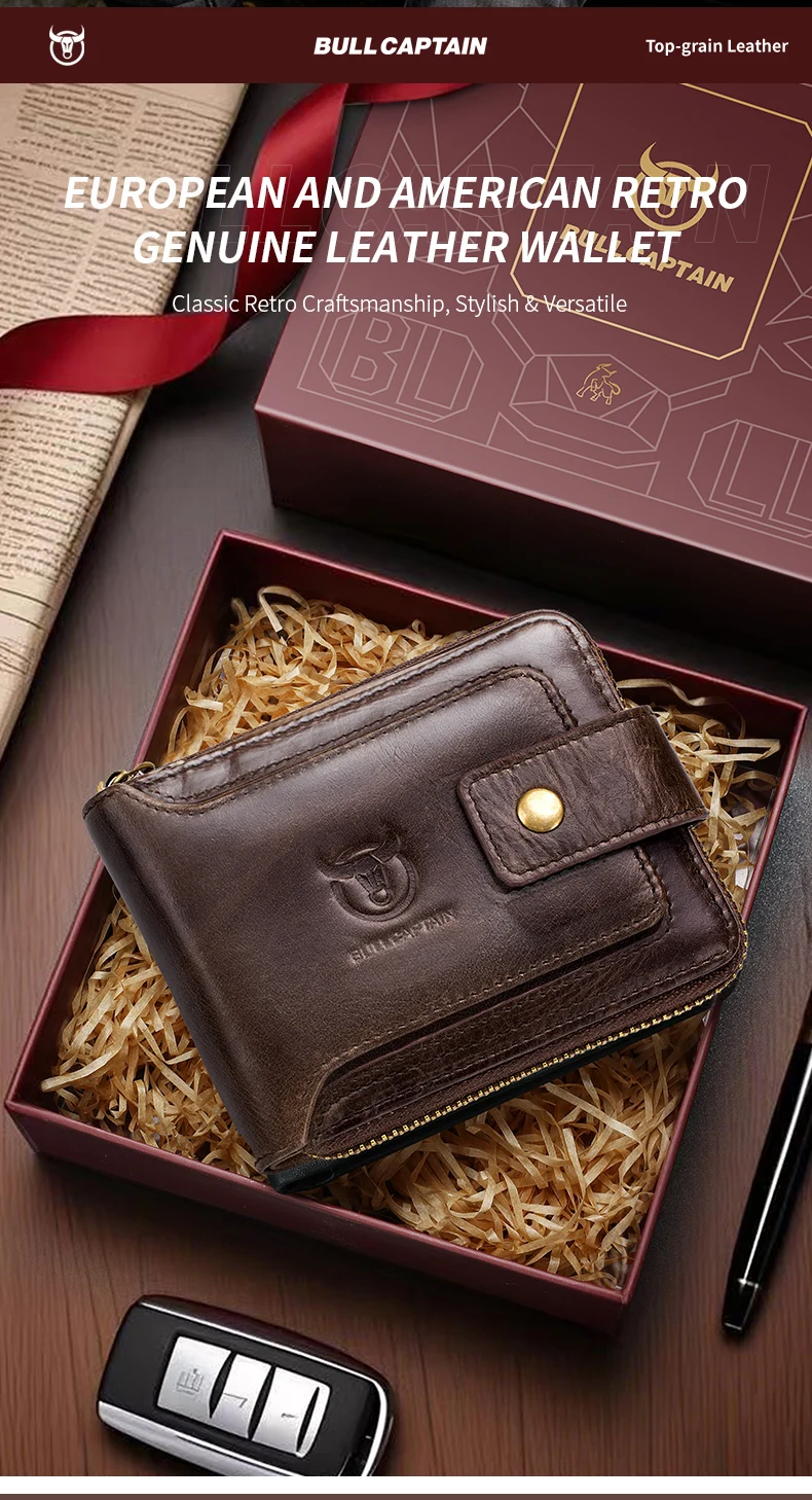 BULLCAPTAIN Herren Echtleder-Geldbörse mit RFID-Schutz, Vintage Rindsleder Reißverschluss-Brieftasche mit Münzfach, Kreditkartenhalter – Detail 6