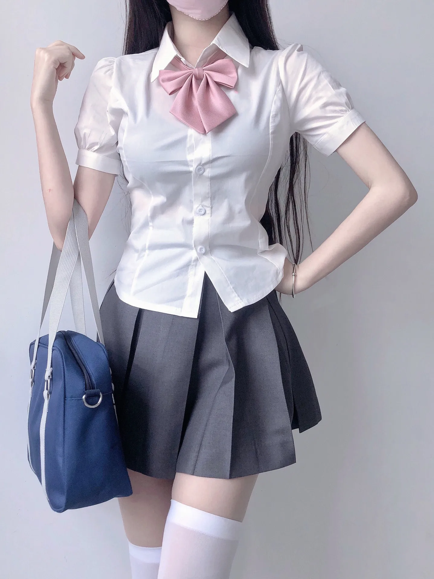 Women Japanese School Dress JK Uniform Collect Waist Short Sleeves Shirt Hubble-bubble Sleeve White Shirt With Tie For Girl