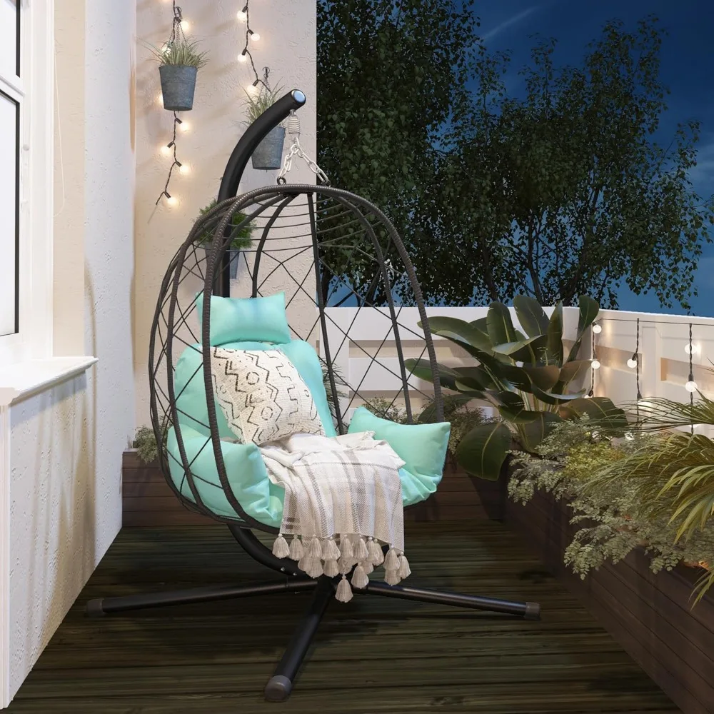 Egg Hanging Swing Chair with Stand and Cushion, Patio Wicker Egg Chair 350lbs Capacity, Indoor Outdoor Hammock Egg Chair for Bed