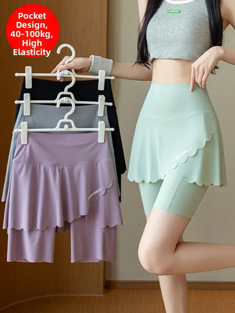 

plus Size Yoga Sports Skirt High Waist Three-quarter Length Quick Dry Fitness Women's Bottoms Casual Loose Pocket Design